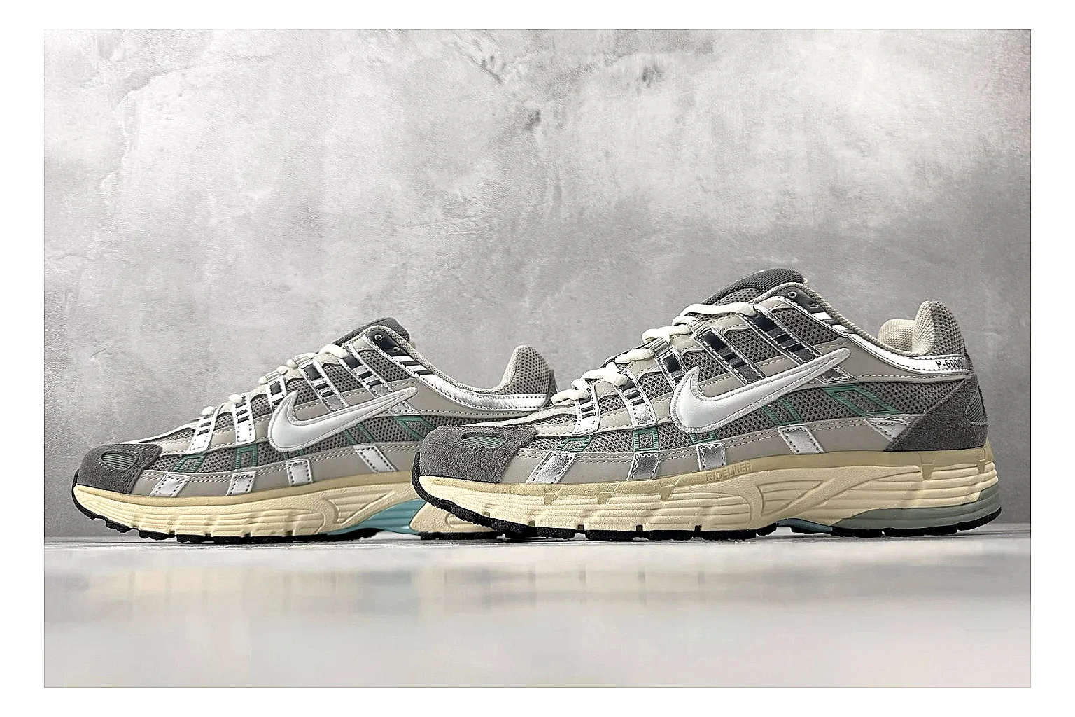 Nike P-6000 White Silver Sneaker Sheetbase record image with white silver p-6000 runner with mixed upper and runner shape