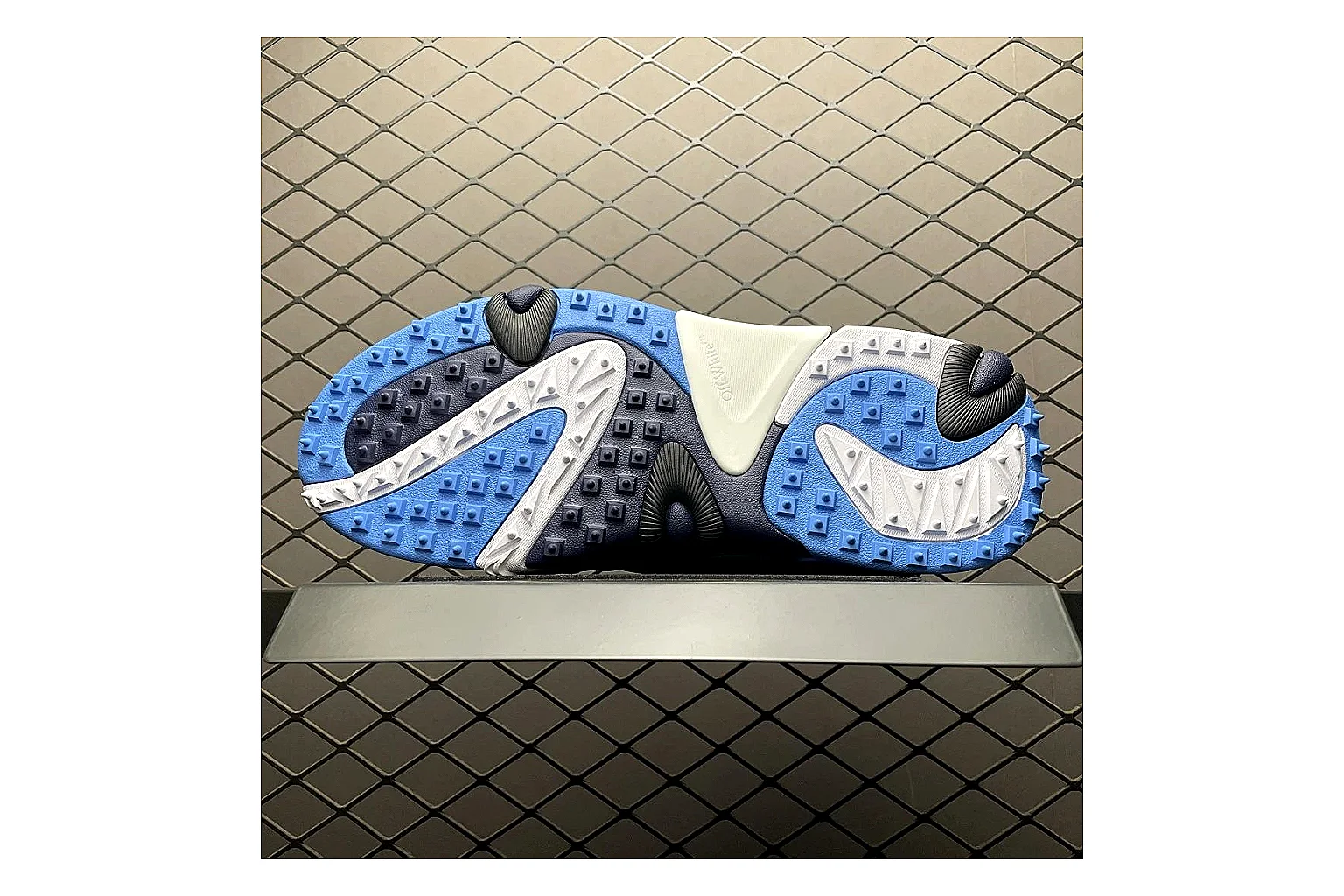 Off-White Out Of Office White Navy Sheetbase record image with white navy out-of-office low-top with mixed upper and low top shape