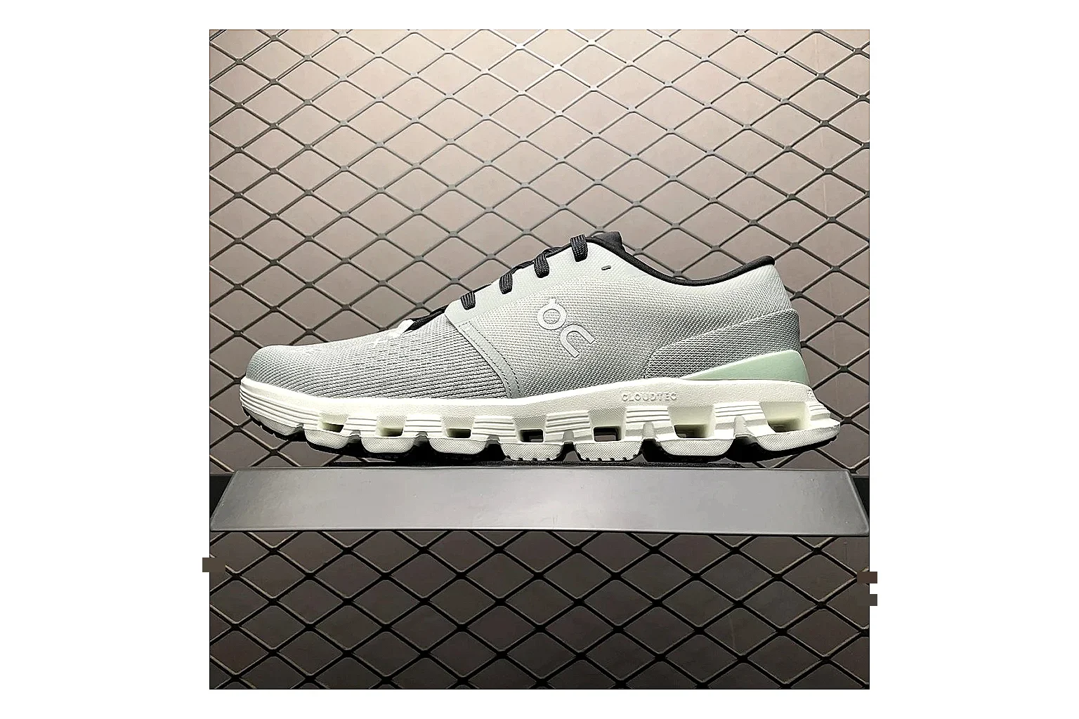 On Cloud X Grey Green Sneaker Sheetbase record image with grey green cloud x trainer with mixed upper and trainer shape