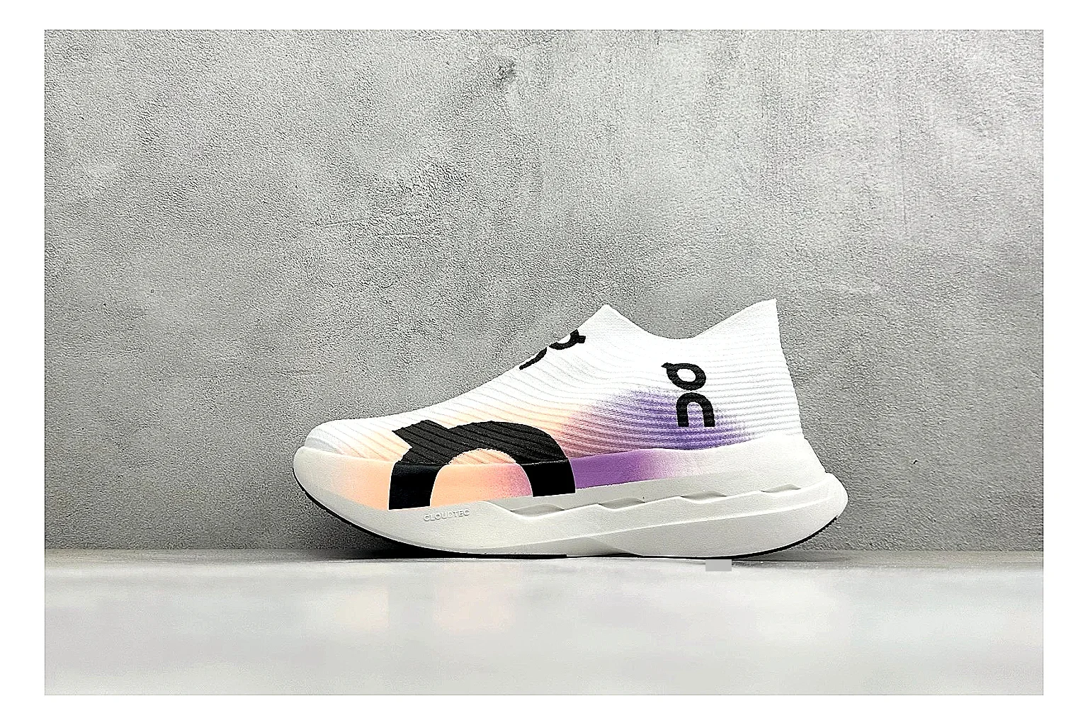 On Cloudboom White Peach spreadsheet record photo showing white performance mesh, peach gradient accents, slim racing profile, and segmented CloudTec sole