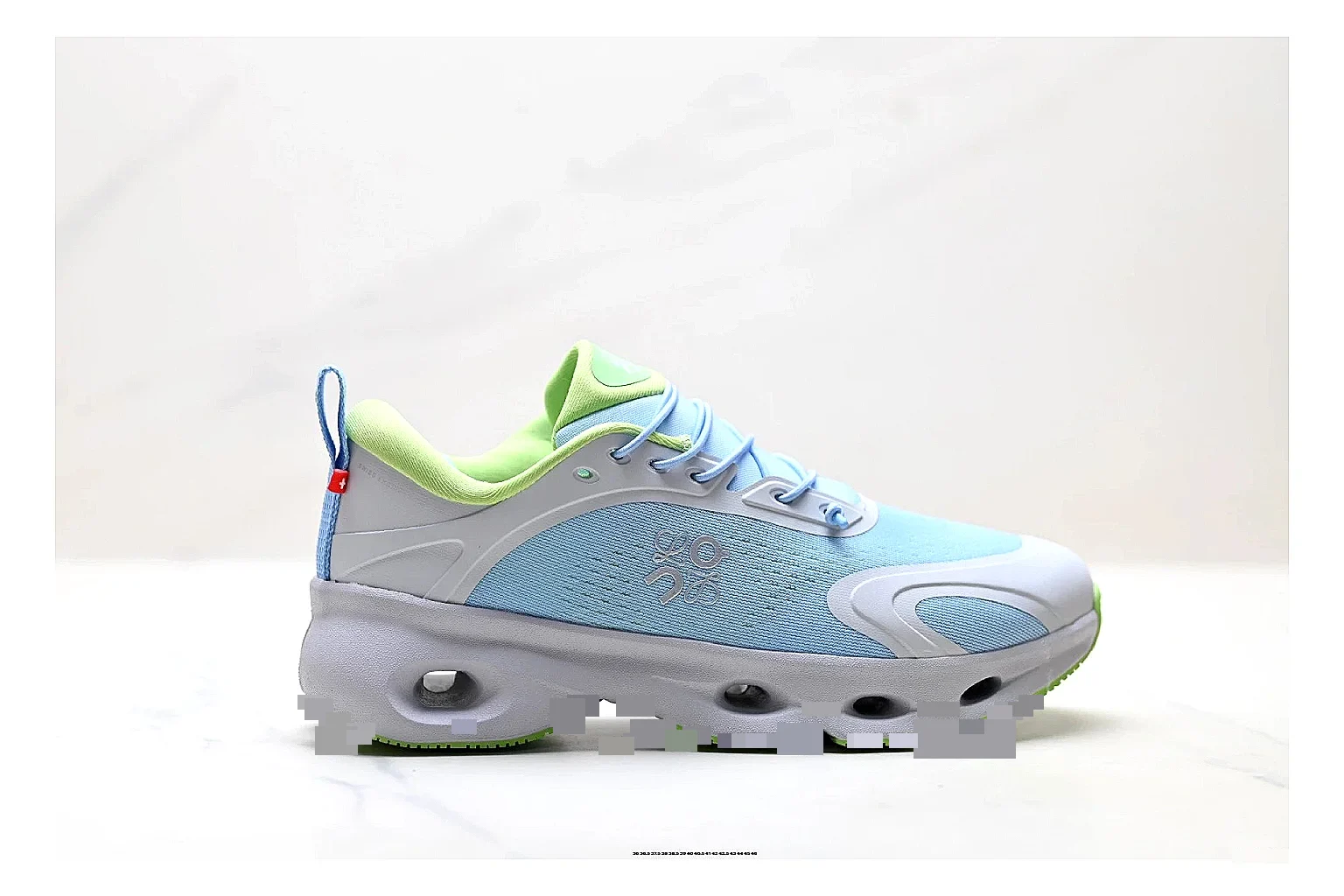 On Cloudsurfer Sky Blue Green Sneakers spreadsheet record image with sky blue green running sneakers with mesh texture, side-profile shape, upper panel lines, and outsole detail