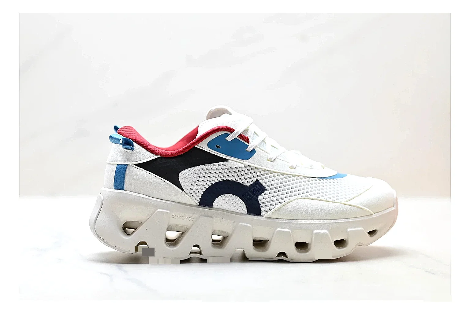On Cloudswift K-Tech 2 White Blue Red Sneakers spreadsheet record image with white blue red running sneakers with mesh texture, side-profile shape, upper panel lines, and outsole detail