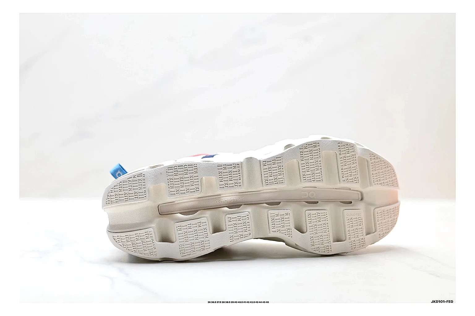 On Cloudswift K-Tech 2 White Blue Red Sneakers spreadsheet record image with white blue red running sneakers with mesh texture, side-profile shape, upper panel lines, and outsole detail