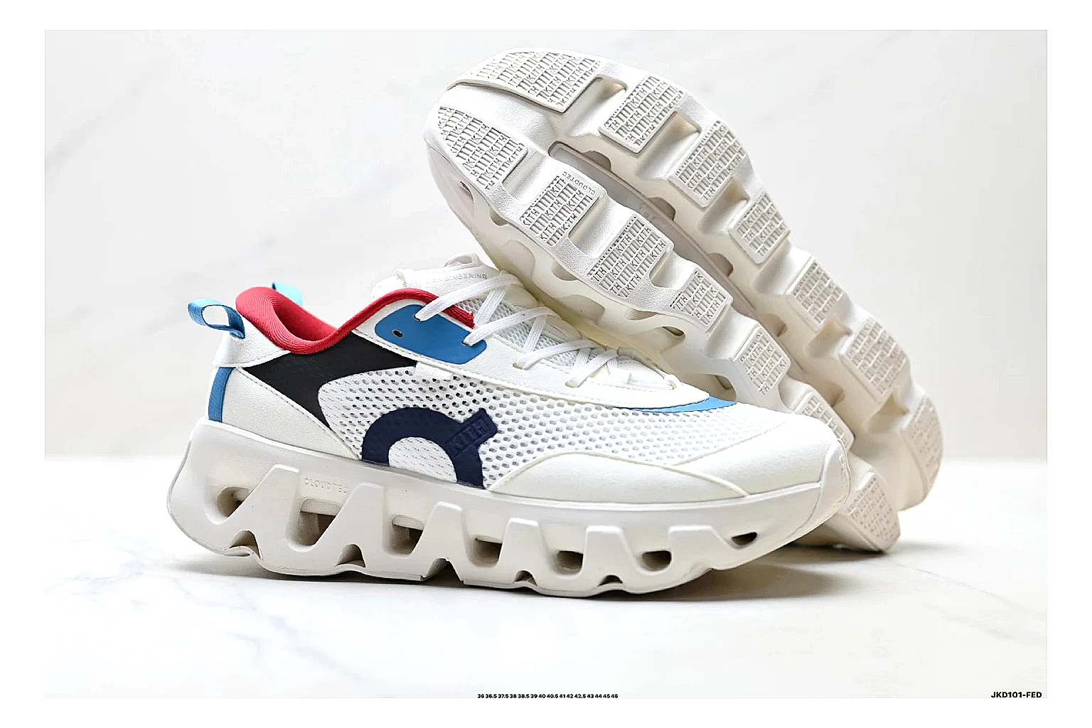On Cloudswift K-Tech 2 White Blue Red Sneakers spreadsheet record image with white blue red running sneakers with mesh texture, side-profile shape, upper panel lines, and outsole detail thumbnail 5