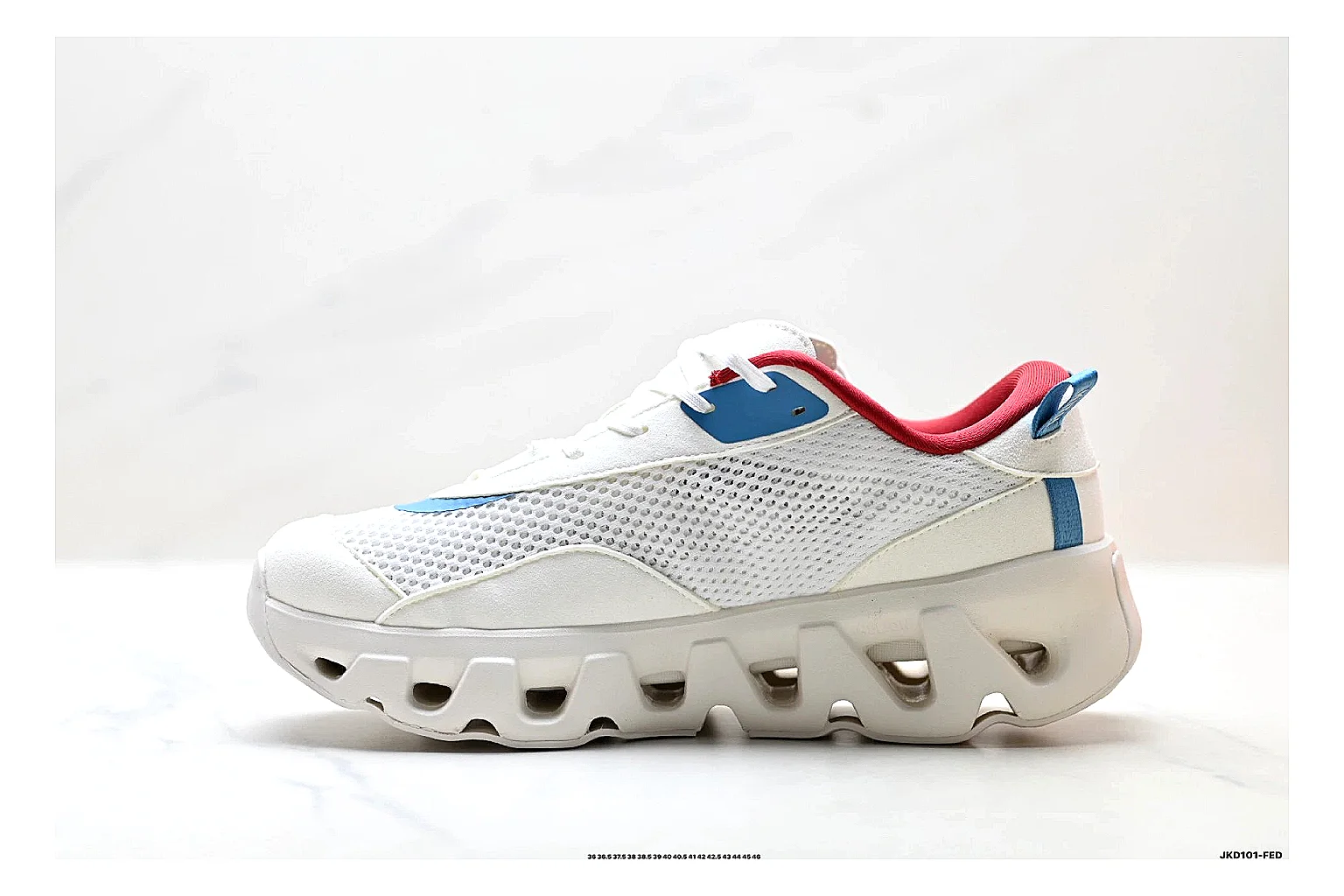 On Cloudswift K-Tech 2 White Blue Red Sneakers spreadsheet record image with white blue red running sneakers with mesh texture, side-profile shape, upper panel lines, and outsole detail thumbnail 6