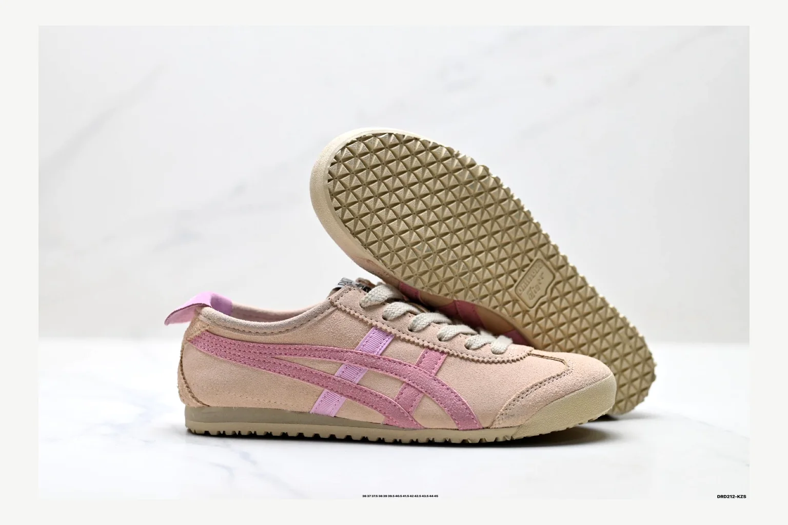 Onitsuka Tiger Beige Pink Sneaker Sheetbase record image with pink beige retro stripe low-top with mixed-material upper and low-profile shape