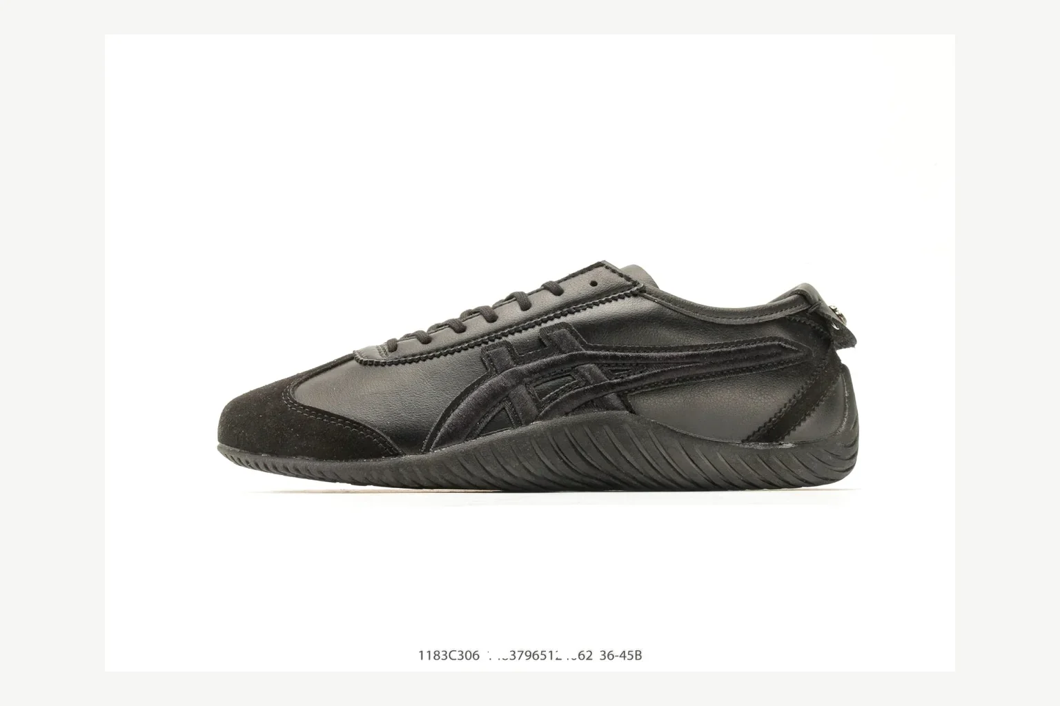 Onitsuka Tiger Black Low Sneaker Sheetbase record image with black retro stripe low-top with mixed-material upper and low-profile shape