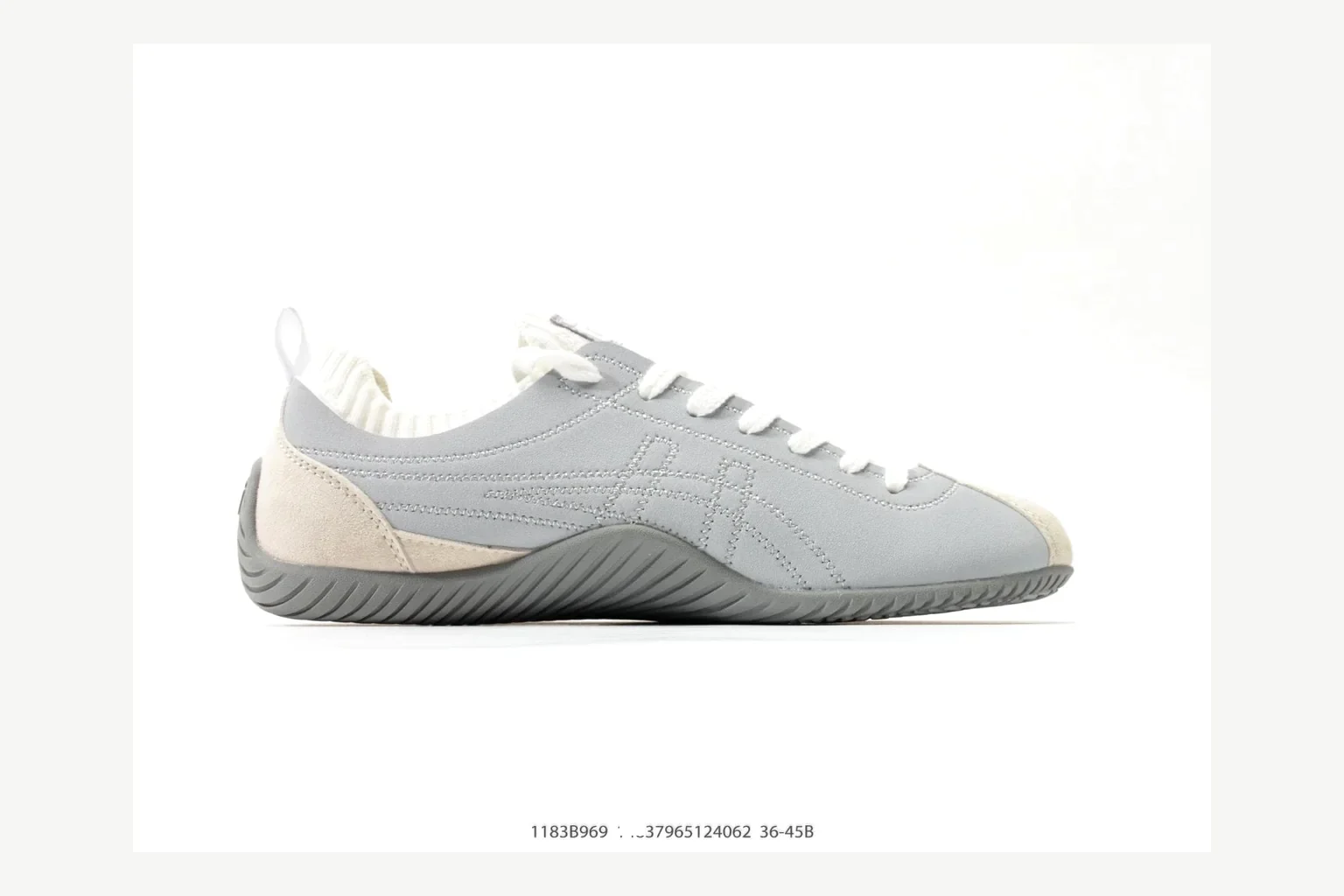 Onitsuka Tiger Grey White Sneaker Sheetbase record image with white grey retro stripe low-top with mixed-material upper and low-profile shape