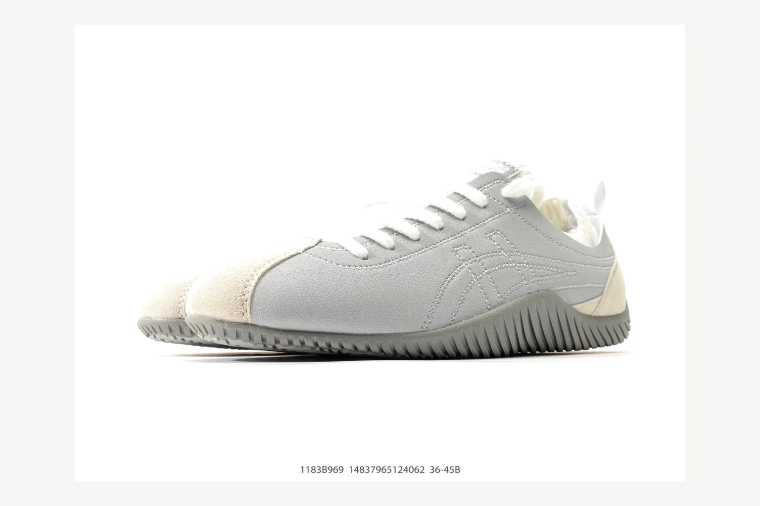 Onitsuka Tiger Grey White Sneaker Sheetbase record image with white grey retro stripe low-top with mixed-material upper and low-profile shape