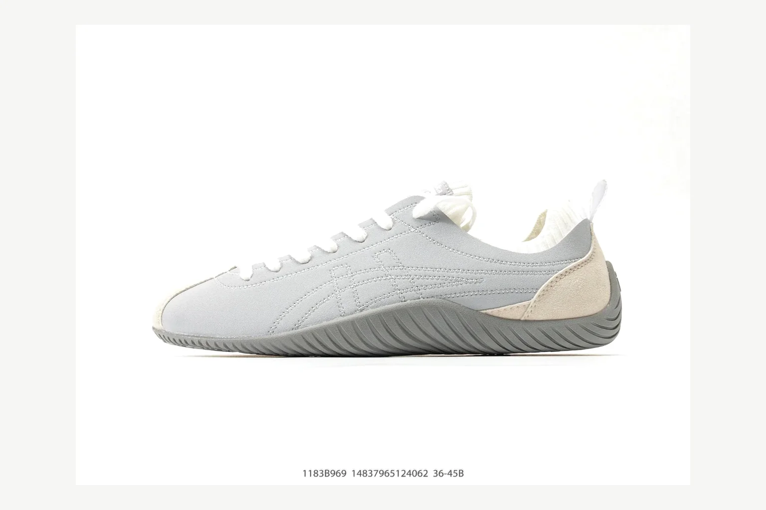 Onitsuka Tiger Grey White Sneaker Sheetbase record image with white grey retro stripe low-top with mixed-material upper and low-profile shape thumbnail 6