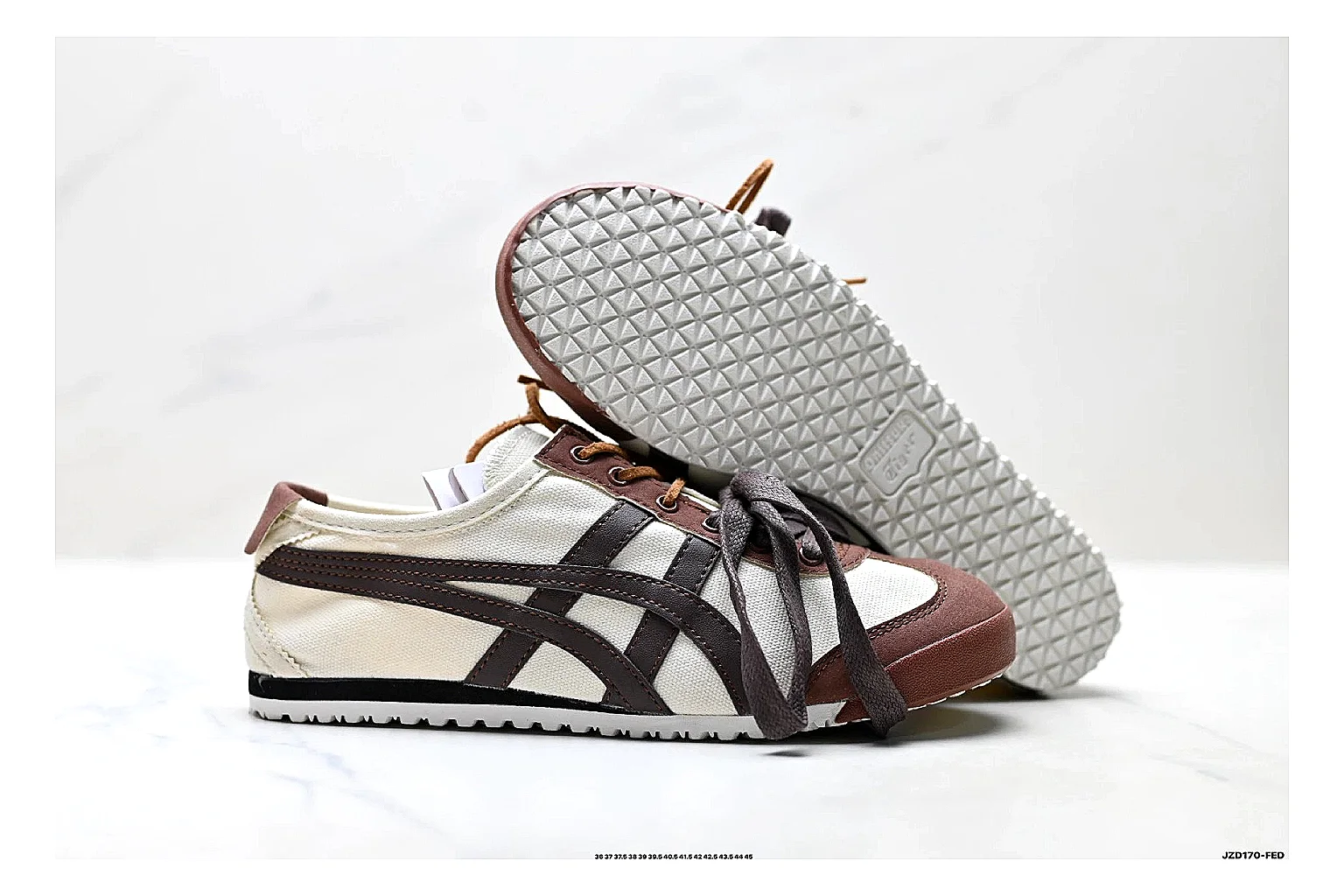 Onitsuka Tiger Mexico 66 Brown Cream Sneakers spreadsheet record image with brown cream low-top sneakers with leather texture, side-profile shape, upper panel lines, and outsole detail thumbnail 5