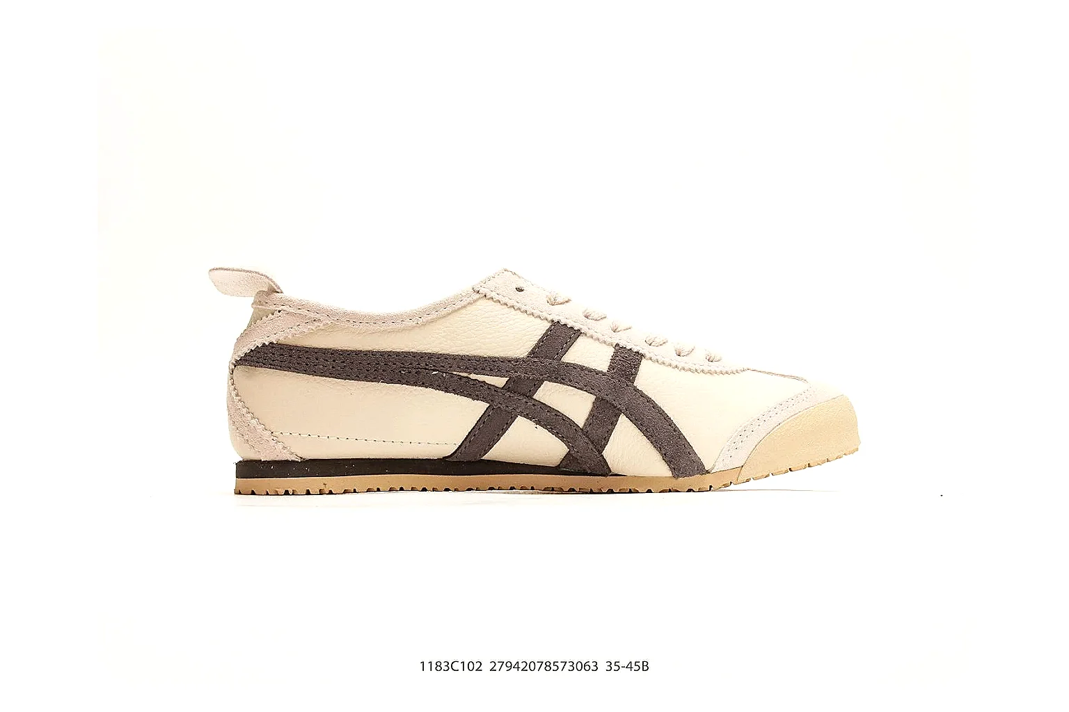 Onitsuka Tiger Mexico 66 Cream Brown Sneakers spreadsheet record image with cream brown low-top sneakers with leather texture, side-profile shape, upper panel lines, and outsole detail thumbnail 6