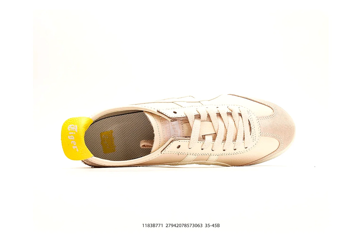 Onitsuka Tiger Mexico 66 Cream Yellow Sneakers spreadsheet record image with cream yellow low-top sneakers with leather texture, side-profile shape, upper panel lines, and outsole detail thumbnail 2