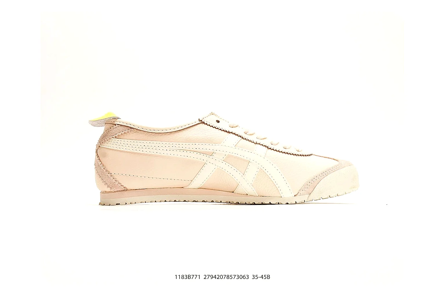 Onitsuka Tiger Mexico 66 Cream Yellow Sneakers spreadsheet record image with cream yellow low-top sneakers with leather texture, side-profile shape, upper panel lines, and outsole detail thumbnail 6