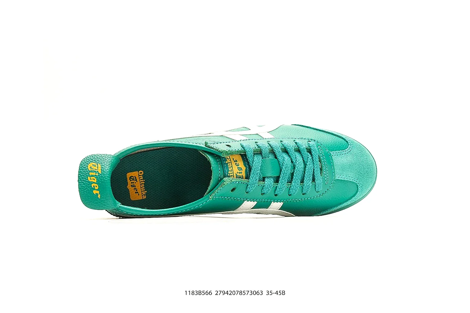 Onitsuka Tiger Mexico 66 Green White Sneakers spreadsheet record image with green white low-top sneakers with leather texture, side-profile shape, upper panel lines, and outsole detail thumbnail 2
