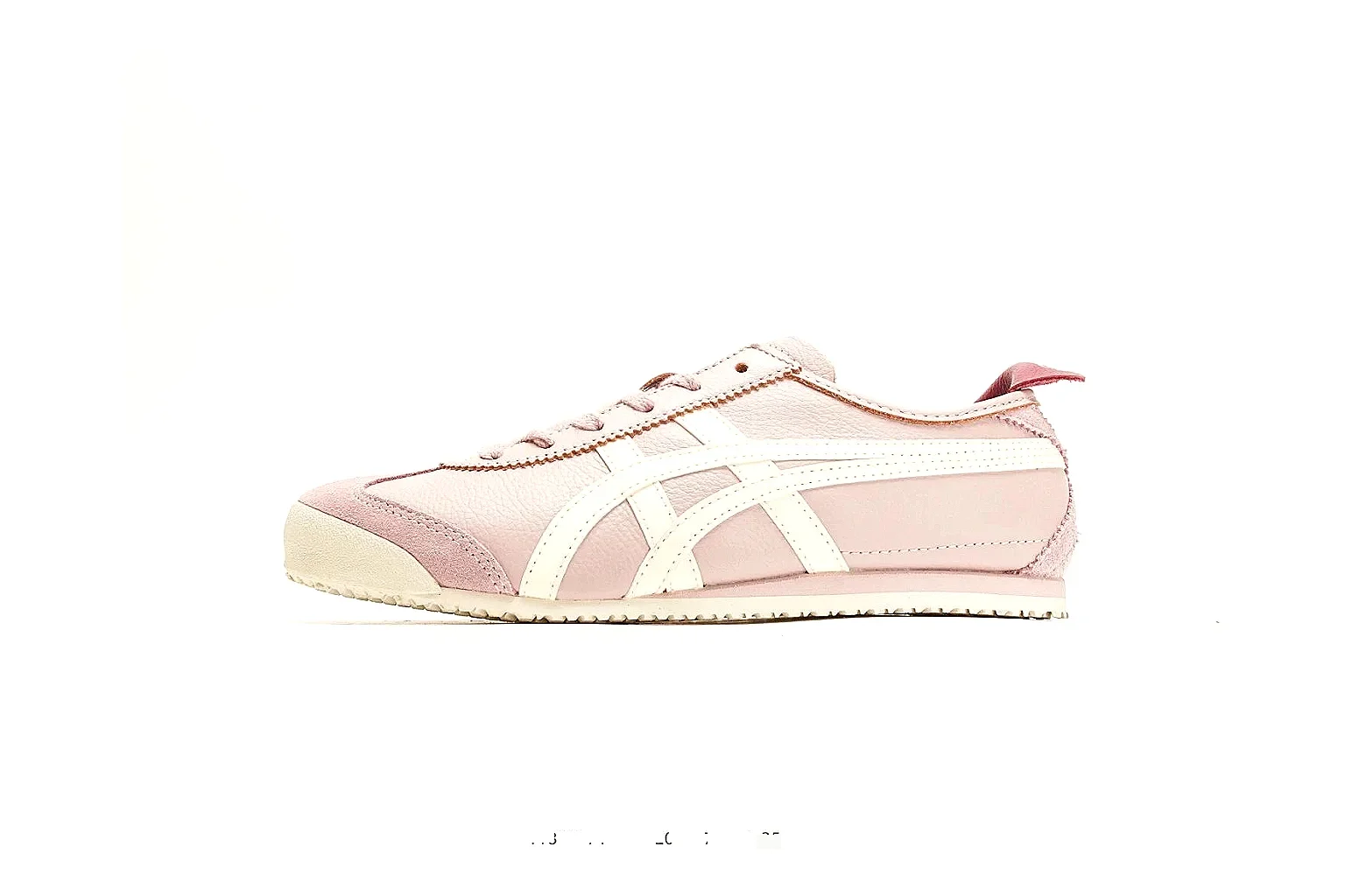 Onitsuka Tiger Mexico 66 Pink White Sneakers spreadsheet record image with pink white low-top sneakers with leather texture, side-profile shape, upper panel lines, and outsole detail