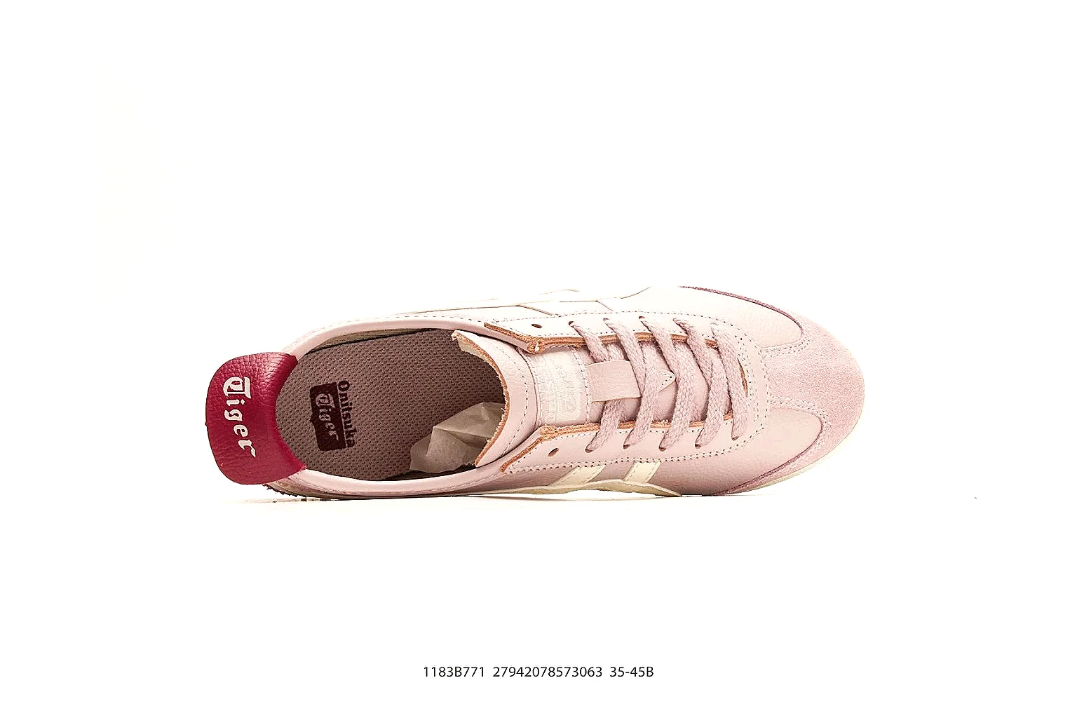 Onitsuka Tiger Mexico 66 Pink White Sneakers spreadsheet record image with pink white low-top sneakers with leather texture, side-profile shape, upper panel lines, and outsole detail thumbnail 2