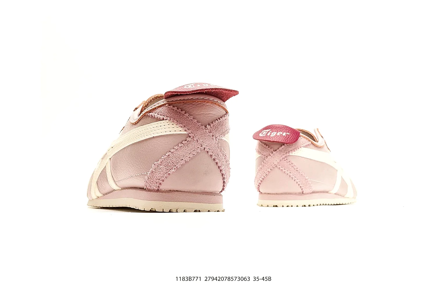 Onitsuka Tiger Mexico 66 Pink White Sneakers spreadsheet record image with pink white low-top sneakers with leather texture, side-profile shape, upper panel lines, and outsole detail thumbnail 3