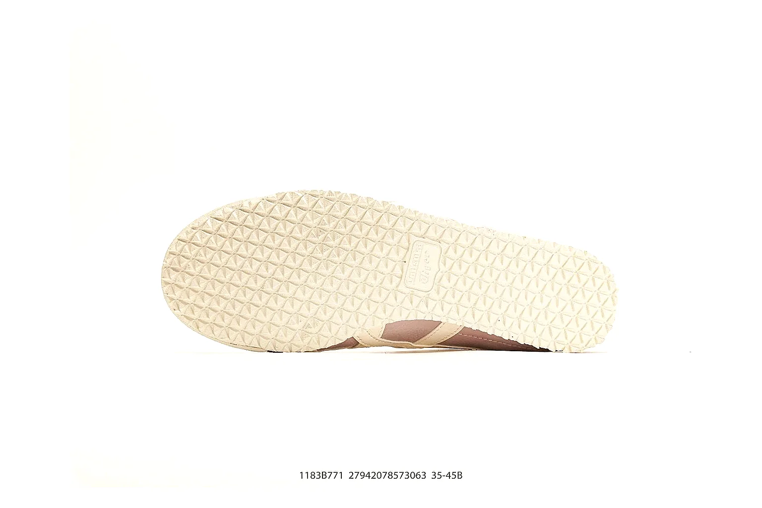 Onitsuka Tiger Mexico 66 Pink White Sneakers spreadsheet record image with pink white low-top sneakers with leather texture, side-profile shape, upper panel lines, and outsole detail