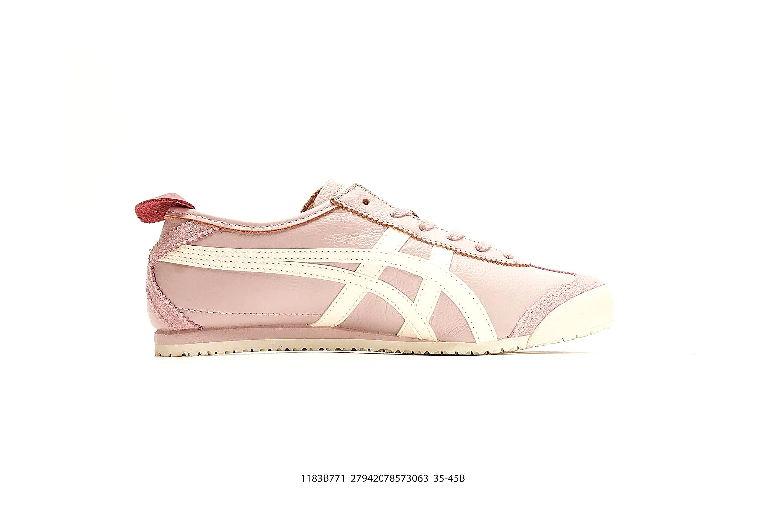 Onitsuka Tiger Mexico 66 Pink White Sneakers spreadsheet record image with pink white low-top sneakers with leather texture, side-profile shape, upper panel lines, and outsole detail thumbnail 6
