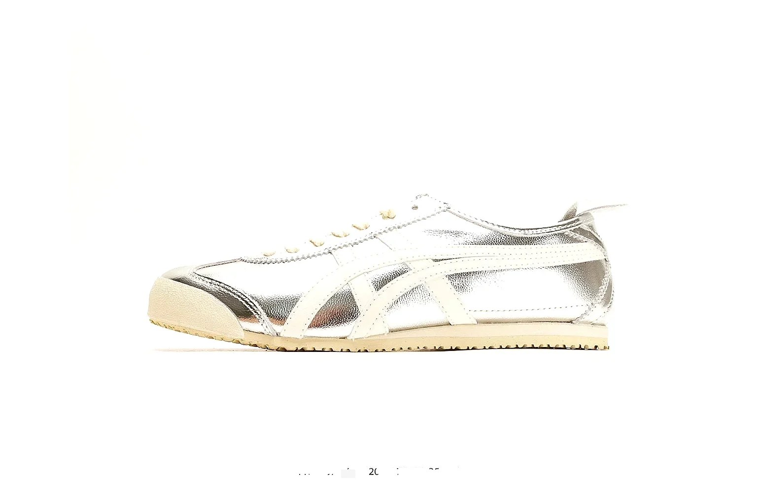 Onitsuka Tiger Mexico 66 Silver White Sneakers spreadsheet record image with silver white low-top sneakers with metallic-leather texture, side-profile shape, upper panel lines, and outsole detail