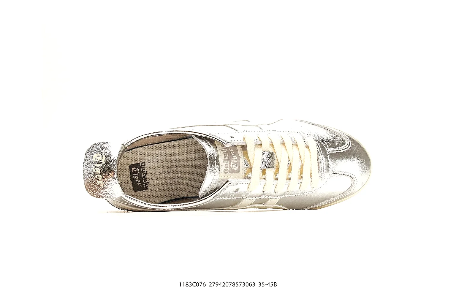Onitsuka Tiger Mexico 66 Silver White Sneakers spreadsheet record image with silver white low-top sneakers with metallic-leather texture, side-profile shape, upper panel lines, and outsole detail thumbnail 2