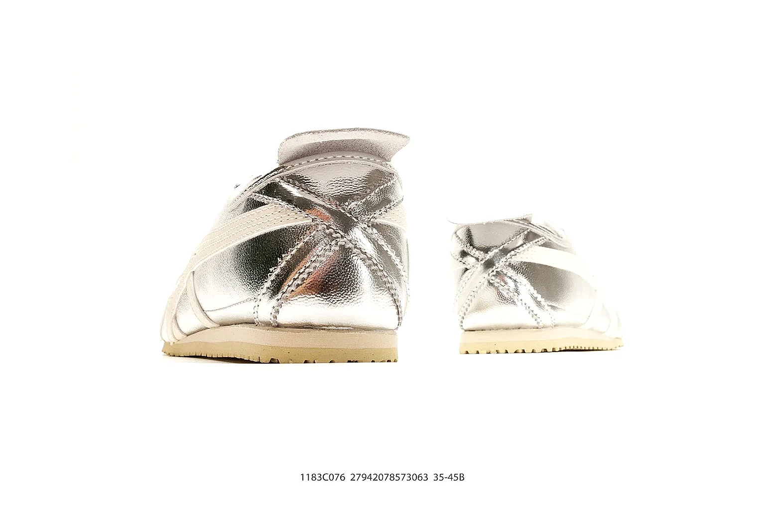 Onitsuka Tiger Mexico 66 Silver White Sneakers spreadsheet record image with silver white low-top sneakers with metallic-leather texture, side-profile shape, upper panel lines, and outsole detail thumbnail 3