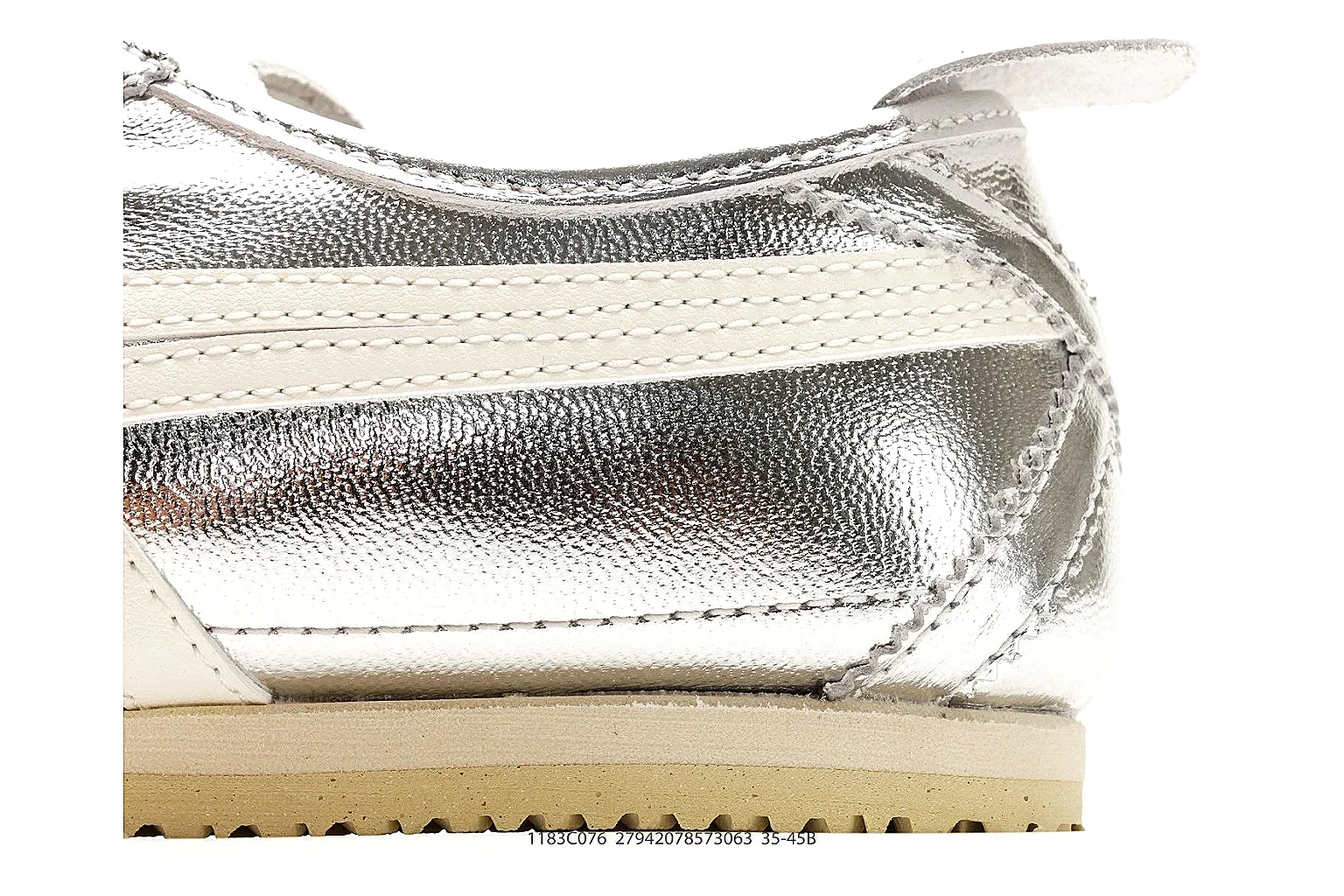 Onitsuka Tiger Mexico 66 Silver White Sneakers spreadsheet record image with silver white low-top sneakers with metallic-leather texture, side-profile shape, upper panel lines, and outsole detail thumbnail 5