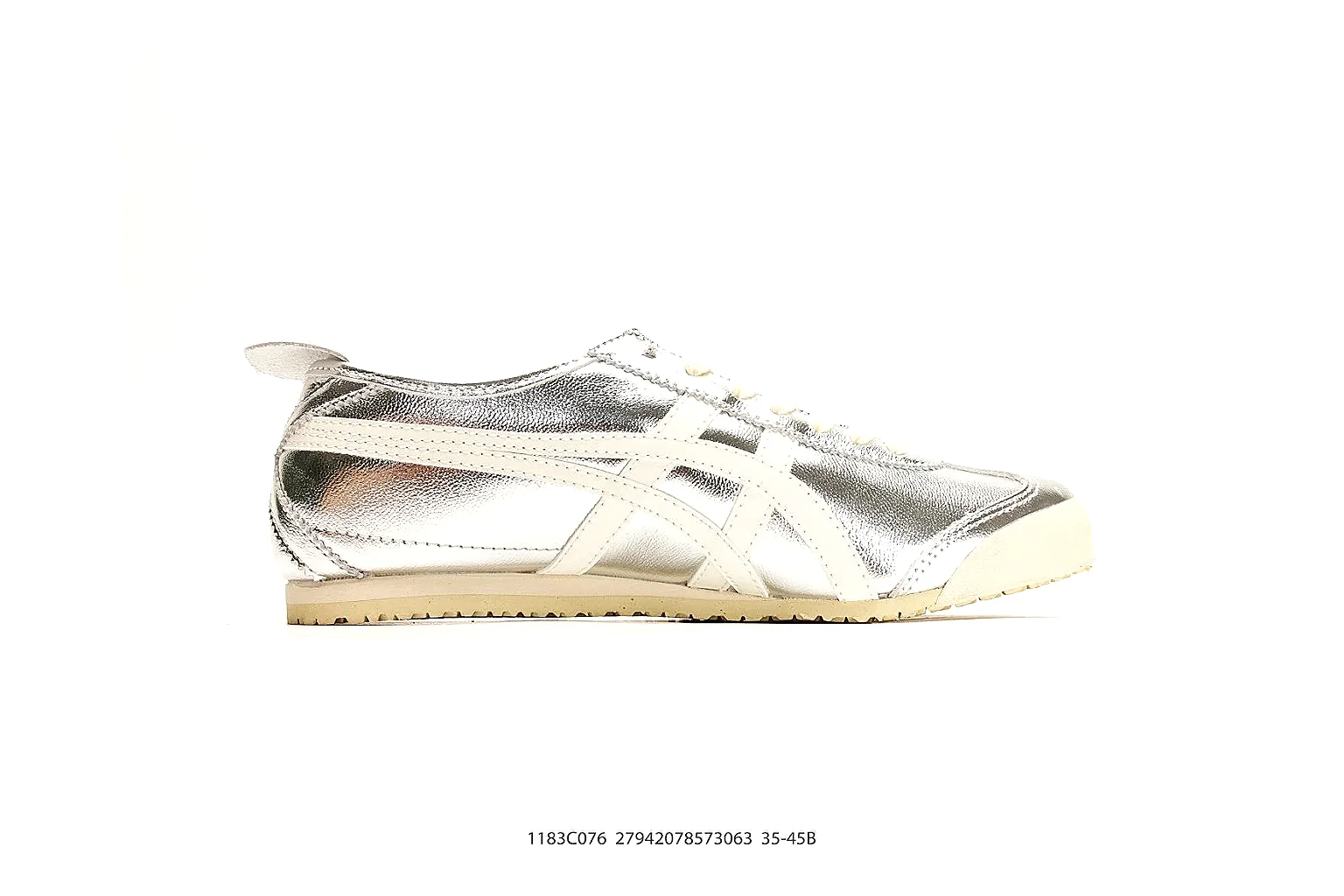 Onitsuka Tiger Mexico 66 Silver White Sneakers spreadsheet record image with silver white low-top sneakers with metallic-leather texture, side-profile shape, upper panel lines, and outsole detail thumbnail 6