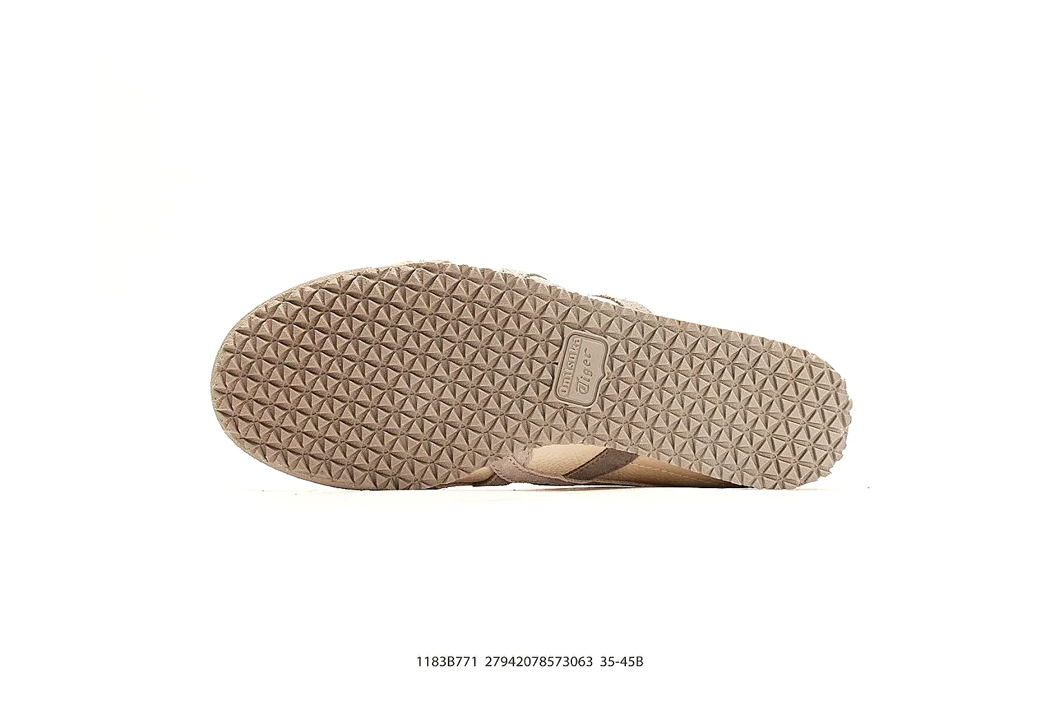 Onitsuka Tiger Mexico 66 Tan Brown Sneakers spreadsheet record image with tan brown low-top sneakers with leather texture, side-profile shape, upper panel lines, and outsole detail