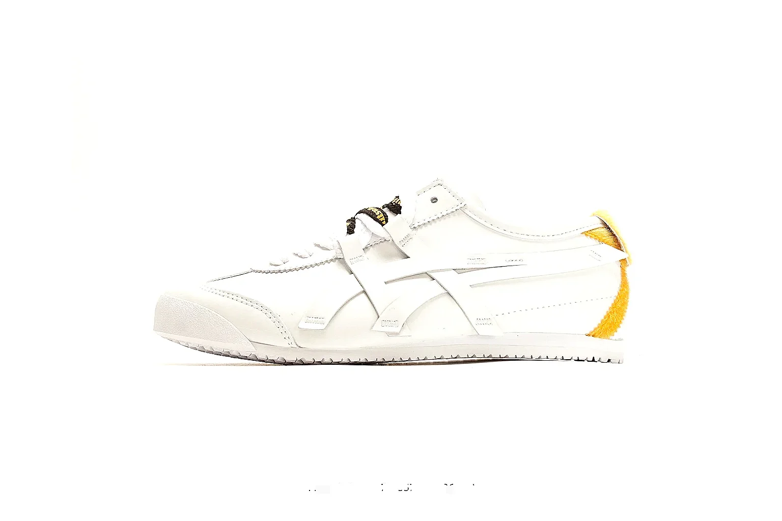 Onitsuka Tiger Mexico 66 White Yellow spreadsheet record photo showing white leather low-top upper, yellow Onitsuka side stripes, slim retro runner profile, and flat sole