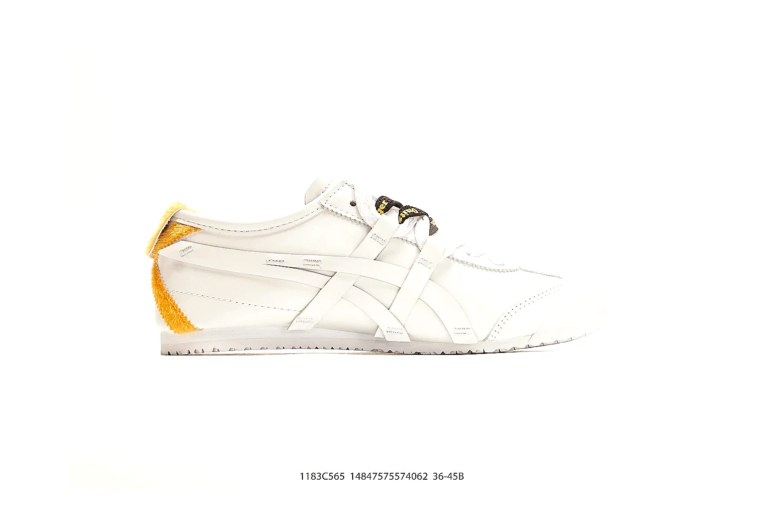Onitsuka Tiger Mexico 66 White Yellow spreadsheet record photo showing white leather low-top upper, yellow Onitsuka side stripes, slim retro runner profile, and flat sole thumbnail 6