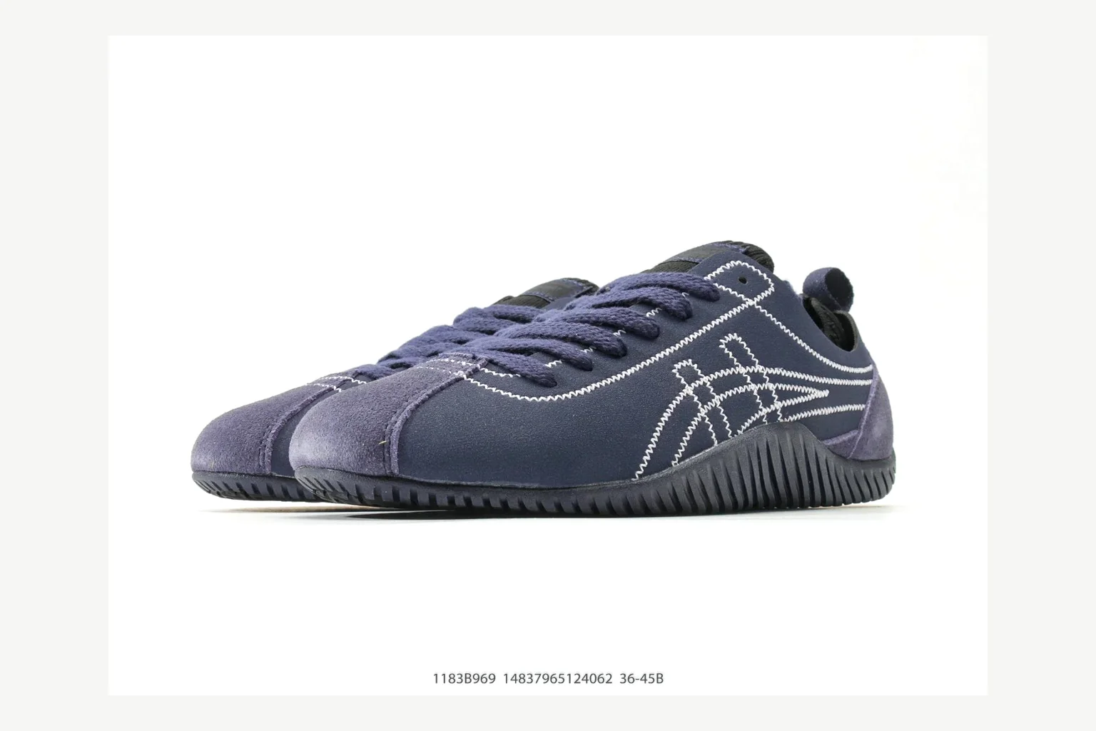 Onitsuka Tiger Navy Low Sneaker Sheetbase record image with navy retro stripe low-top with mixed-material upper and low-profile shape