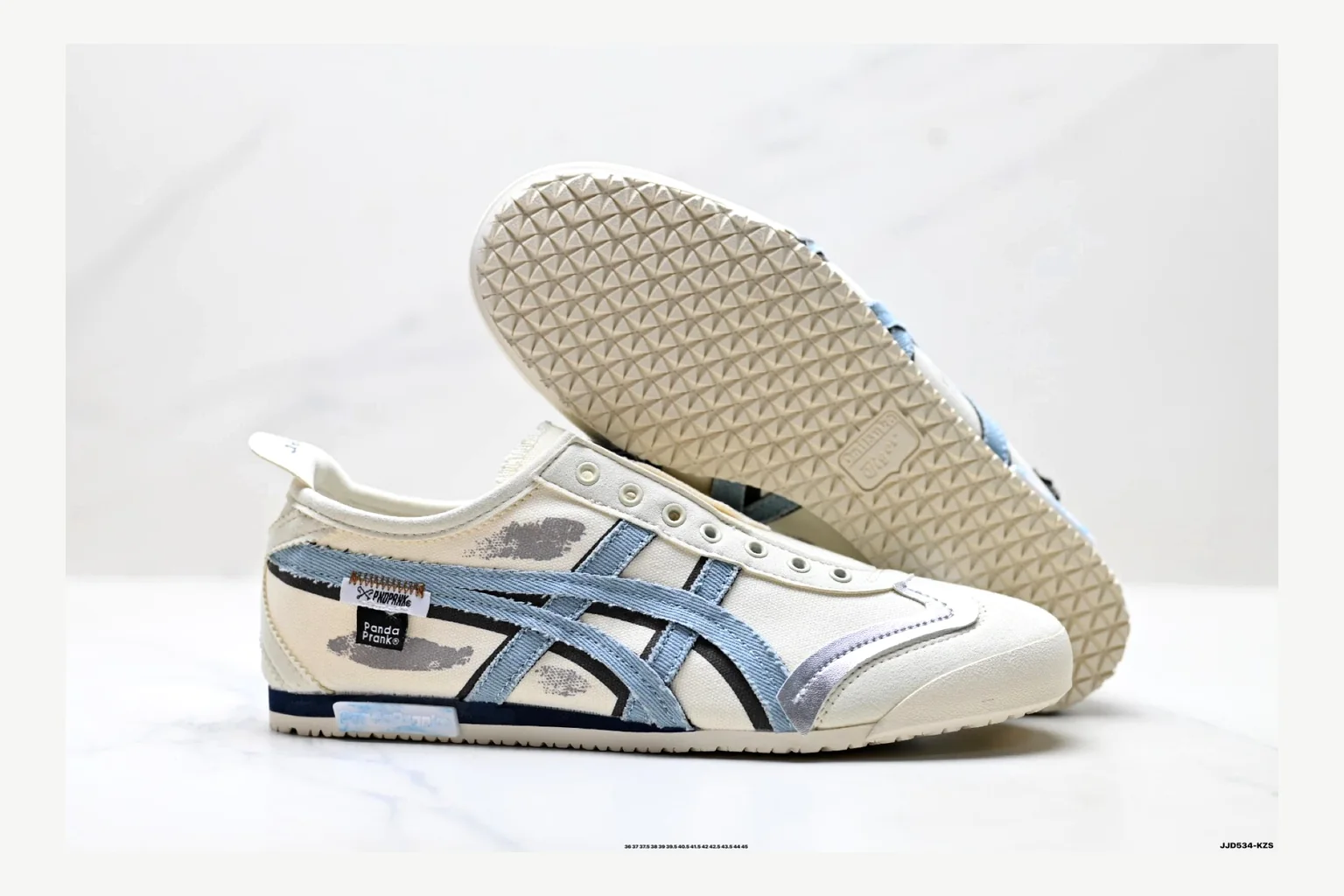 Onitsuka Tiger White Blue Sneaker Sheetbase record image with white blue retro stripe low-top with mixed-material upper and low-profile shape