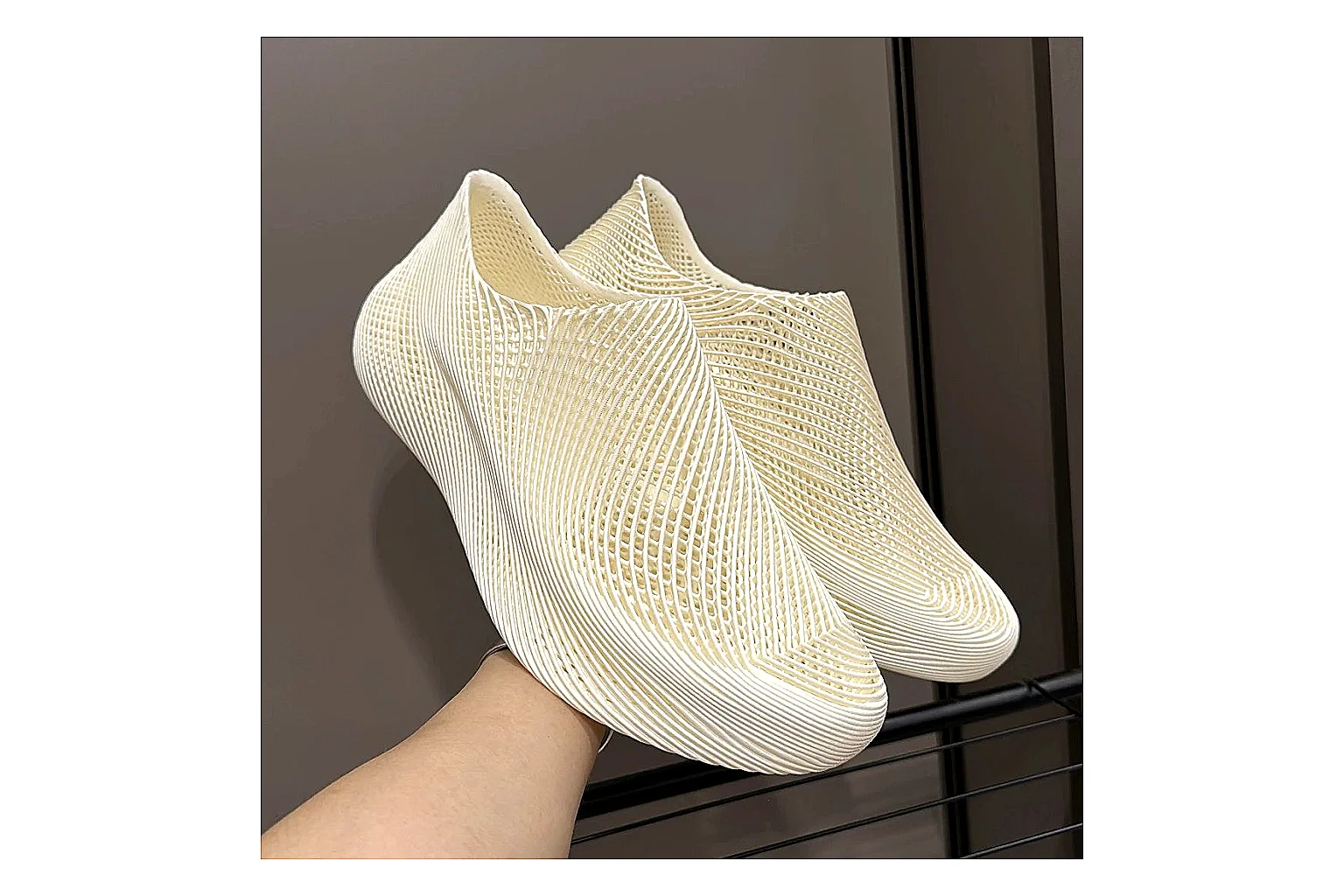 Other 4D Printed Cream Slip-On Sneakers spreadsheet record photo showing cream open-grid upper, seamless slip-on profile, sculpted sole, and soft futuristic casual shape thumbnail 3