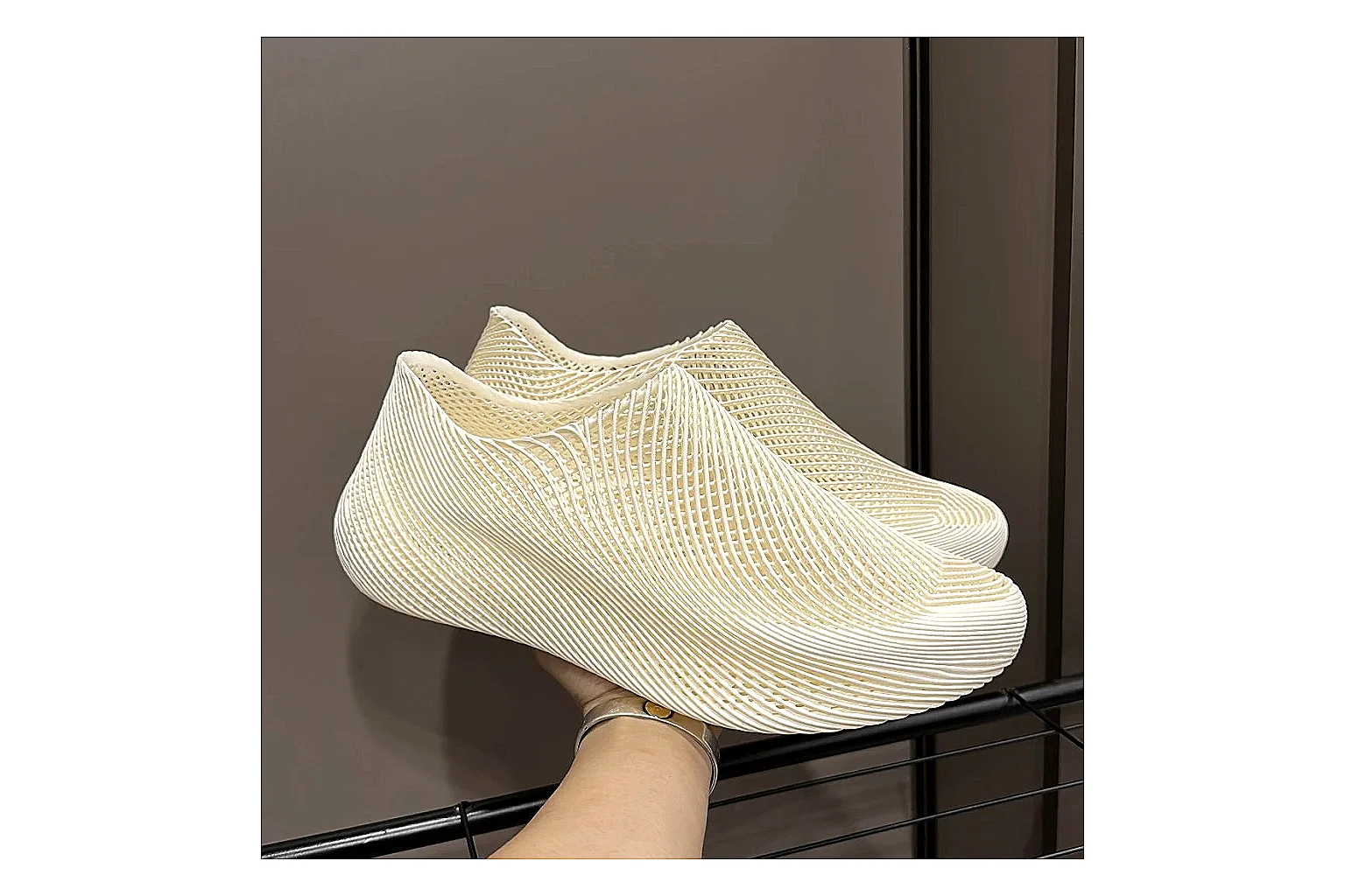 Other 4D Printed Cream Slip-On Sneakers spreadsheet record photo showing cream open-grid upper, seamless slip-on profile, sculpted sole, and soft futuristic casual shape thumbnail 6