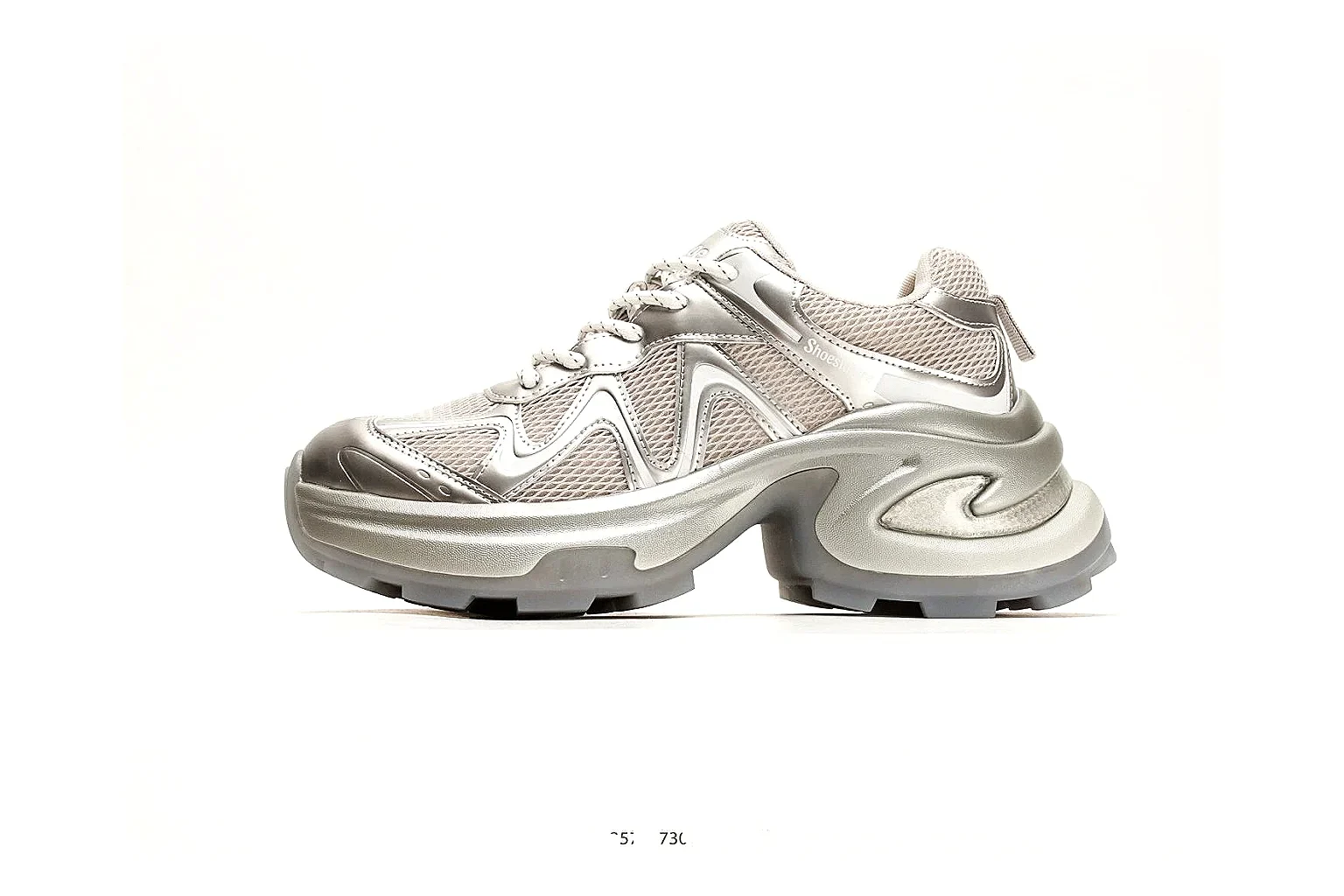 Chunky Runner Silver Gray Sneaker spreadsheet record photo showing silver gray synthetic-mesh upper, layered chunky panels, runner silhouette, and thick cushioned sole