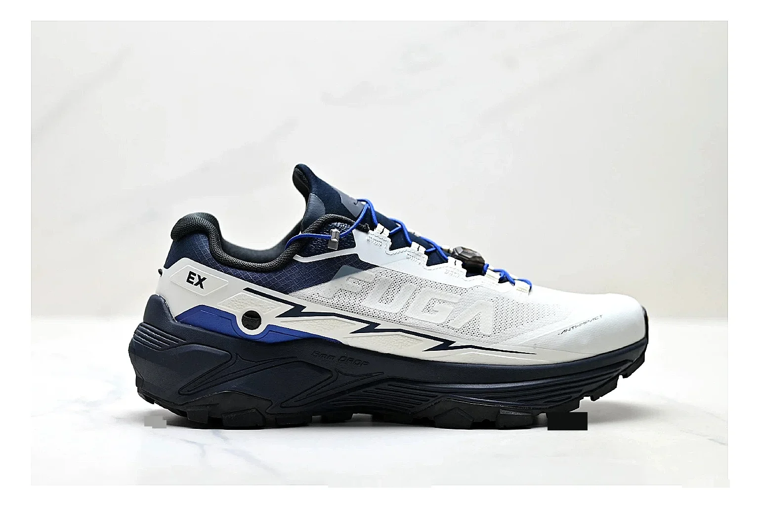 Trail Runner White Navy Sneaker spreadsheet record photo showing white navy mesh-leather runner upper, rugged trail shape, protective overlays, and traction sole