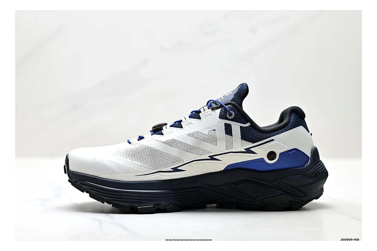 Trail Runner White Navy Sneaker spreadsheet record photo showing white navy mesh-leather runner upper, rugged trail shape, protective overlays, and traction sole thumbnail 2