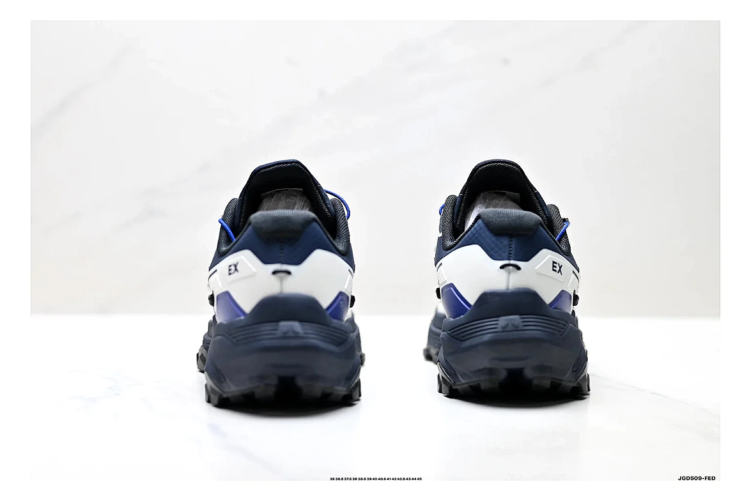 Trail Runner White Navy Sneaker spreadsheet record photo showing white navy mesh-leather runner upper, rugged trail shape, protective overlays, and traction sole thumbnail 3