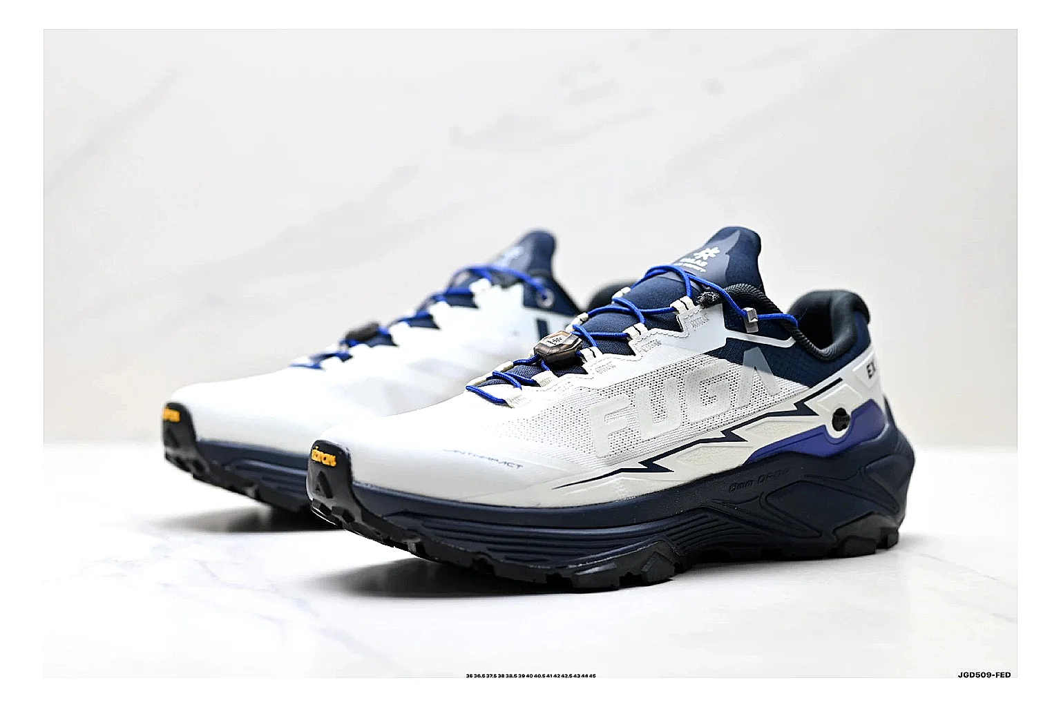 Trail Runner White Navy Sneaker spreadsheet record photo showing white navy mesh-leather runner upper, rugged trail shape, protective overlays, and traction sole