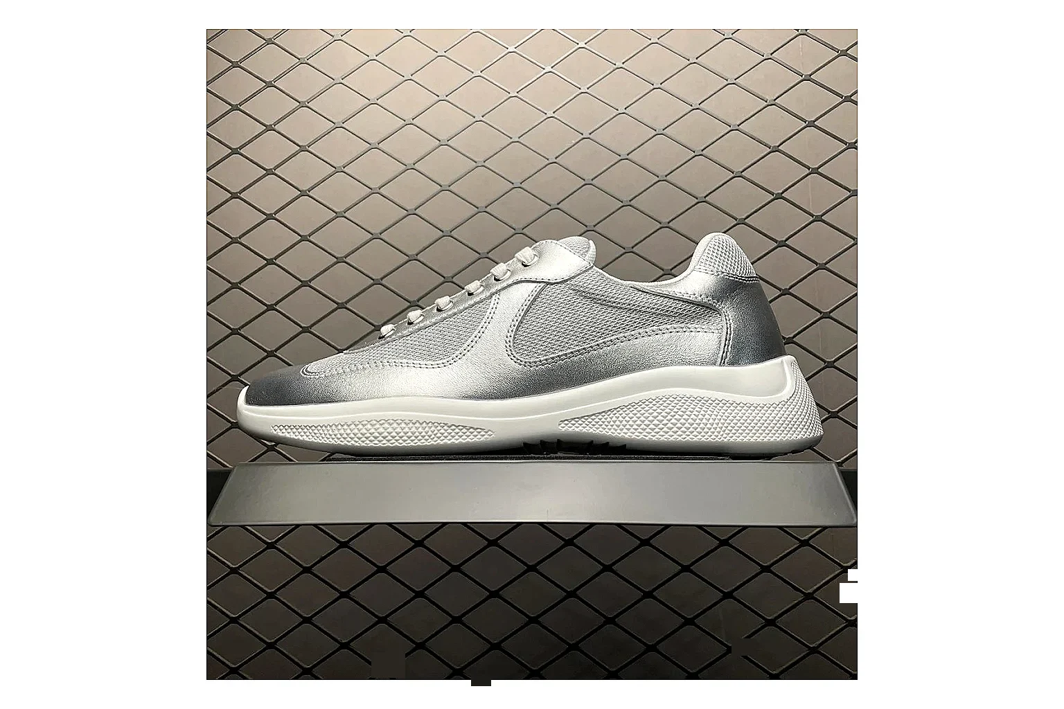 Prada America Cup Silver Sneaker Sheetbase record image with silver america cup low-top with mixed upper and low top shape