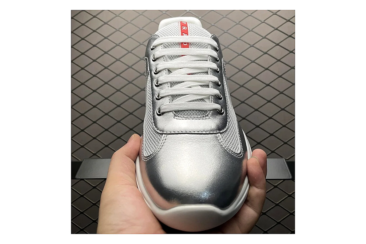 Prada America Cup Silver Sneaker Sheetbase record image with silver america cup low-top with mixed upper and low top shape