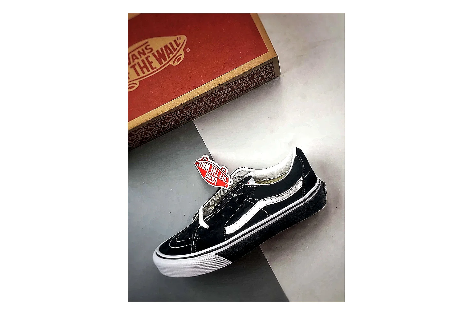 Vans Old Skool Black White spreadsheet record photo showing black canvas-suede low-top upper, white side stripe, padded collar, and classic vulcanized skate sole thumbnail 2