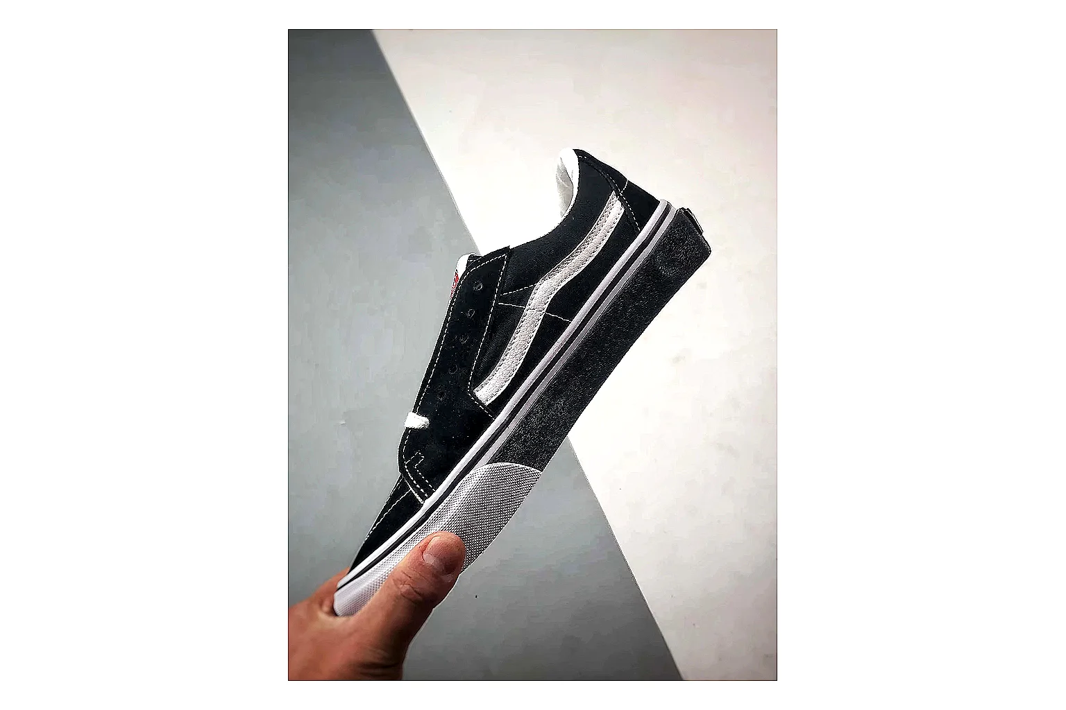 Vans Old Skool Black White spreadsheet record photo showing black canvas-suede low-top upper, white side stripe, padded collar, and classic vulcanized skate sole thumbnail 3