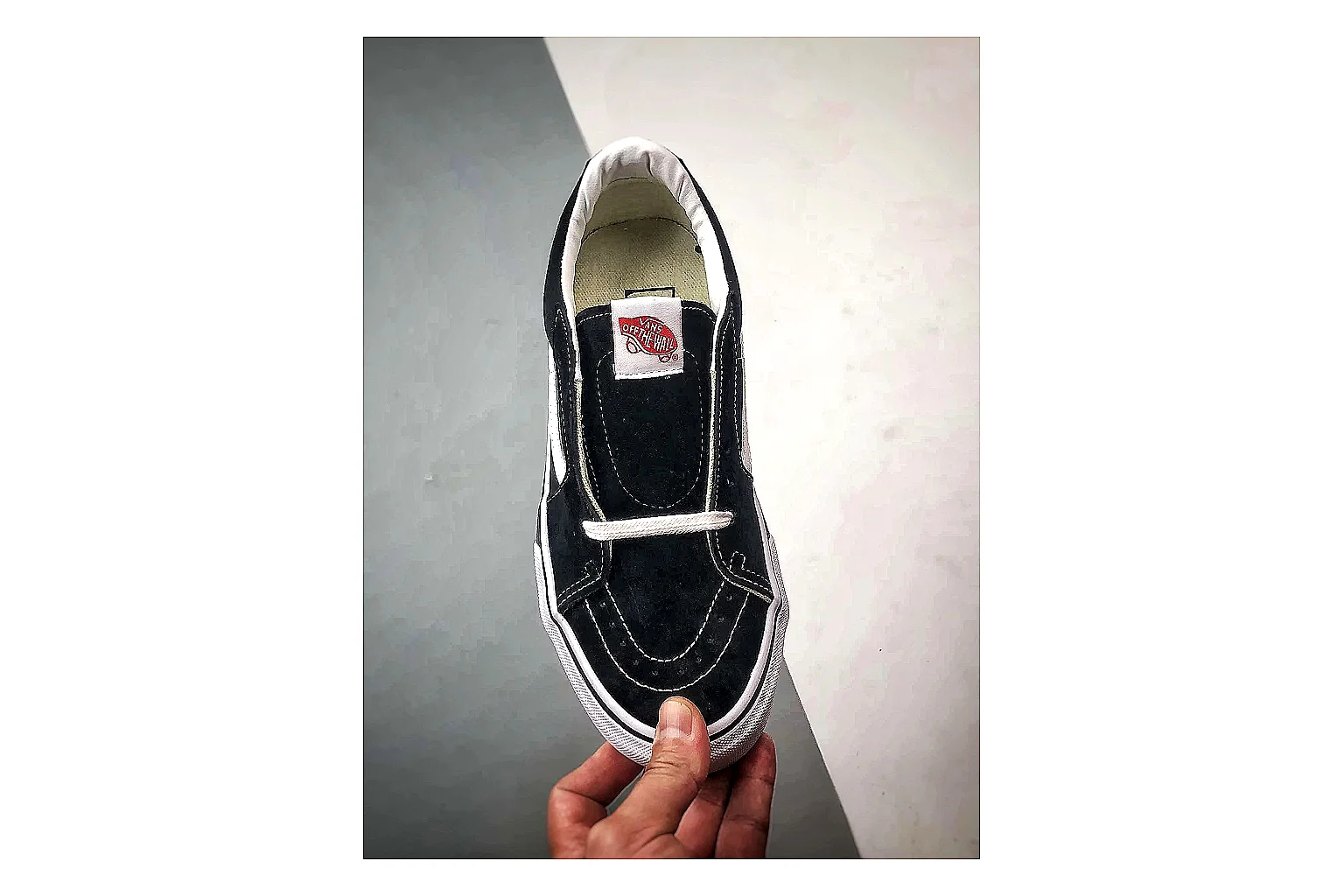 Vans Old Skool Black White spreadsheet record photo showing black canvas-suede low-top upper, white side stripe, padded collar, and classic vulcanized skate sole thumbnail 6